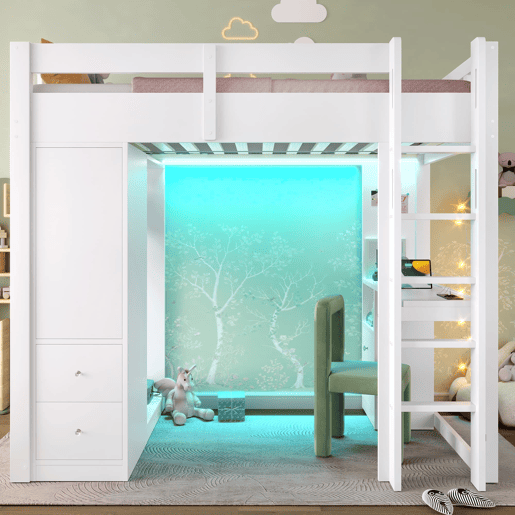 Cama alta 90x200 - 4 gavetas, armário, secretária, LED e USB - Branco