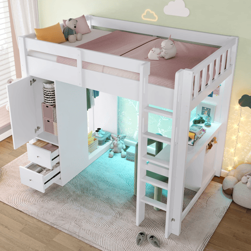 Cama alta 90x200 - 4 gavetas, armário, secretária, LED e USB - Branco