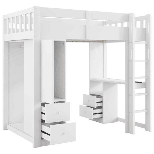 Cama alta 90x200 - 4 gavetas, armário, secretária, LED e USB - Branco