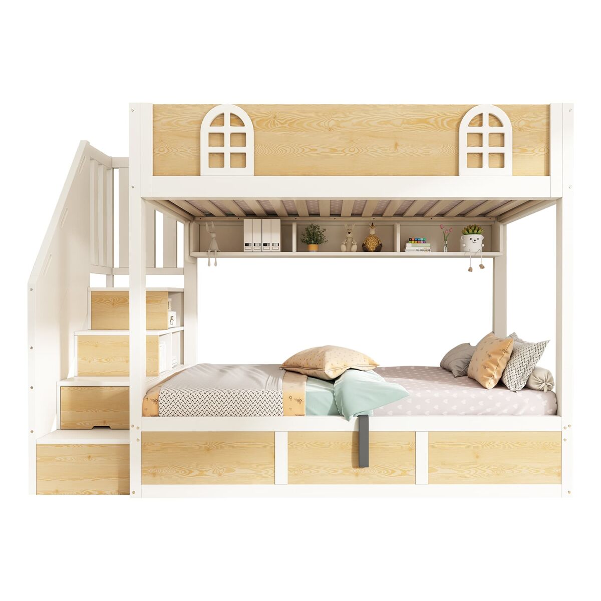 Cama litera infantil 90x200 cm - con escalera y almacenamiento, seguridad, sin colchón - blanco y natural