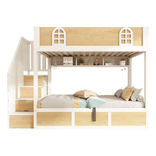 Beliche infantil 90x200 cm - com escada e arrumação, segurança, sem colchão - branco e natural