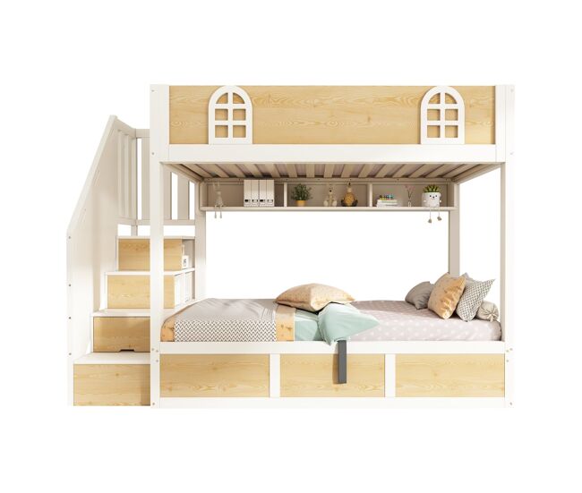 Cama litera infantil 90x200 cm - con escalera y almacenamiento, seguridad, sin colchón - blanco y natural