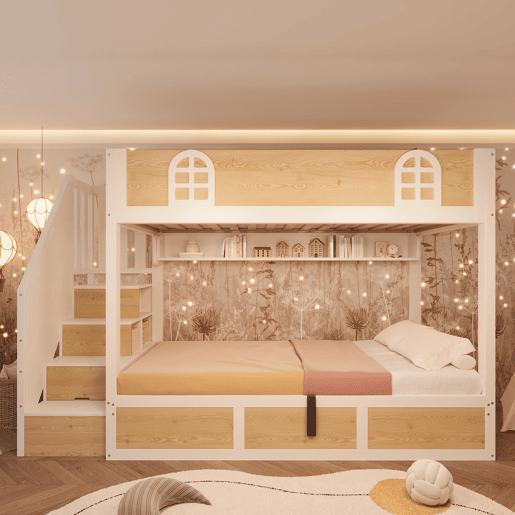 Beliche infantil 90x200 cm - com escada e arrumação, segurança, sem colchão - branco e natural