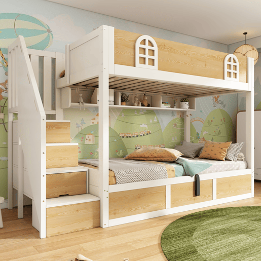 Beliche infantil 90x200 cm - com escada e arrumação, segurança, sem colchão - branco e natural
