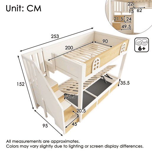 Beliche infantil 90x200 cm - com escada e arrumação, segurança, sem colchão - branco e natural