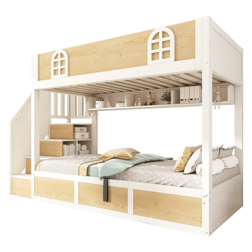 Beliche infantil 90x200 cm - com escada e arrumação, segurança, sem colchão - branco e natural