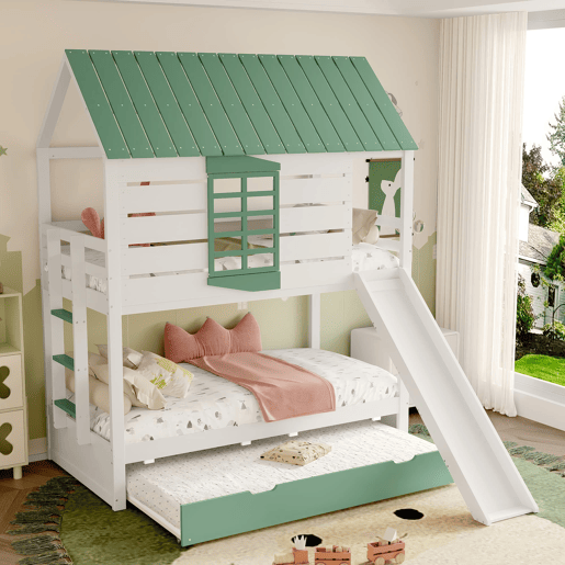 Cama alta 90x200 - com escorregador e cama extra - Branco+Verde