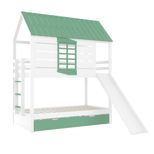 Cama alta 90x200 - com escorregador e cama extra - Branco+Verde