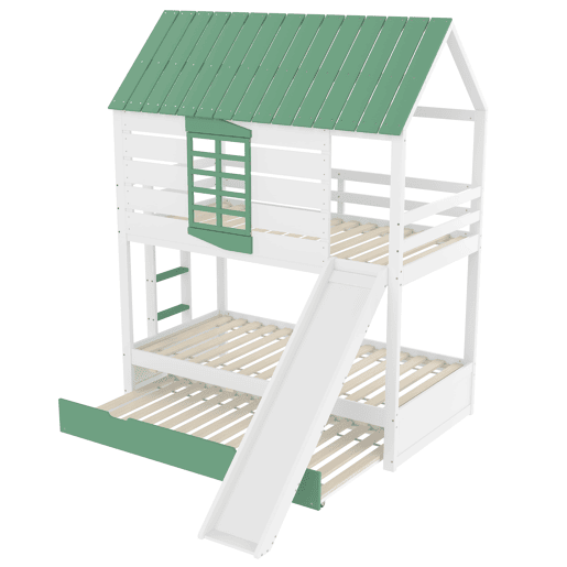 Cama alta 90x200 - com escorregador e cama extra - Branco+Verde
