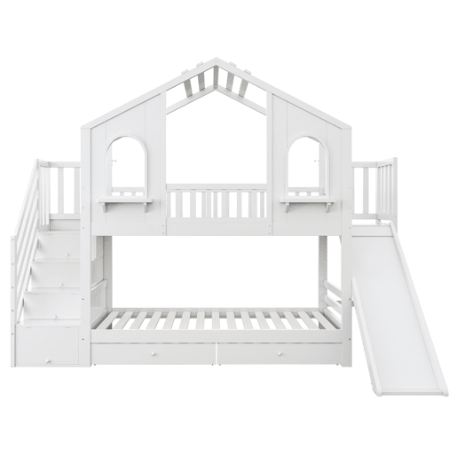 Beliche infantil 90 x 200 cm - Casa com janelas curvas, escada de arrumação e escorrega, branco Beliche infantil 90 x 200 cm - Casa com janelas curvas, escada de arrumação e escorrega, branco