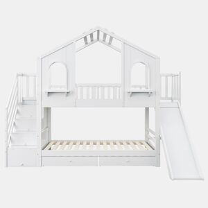 Beliche infantil 90 x 200 cm - Casa com janelas curvas, escada de arrumação e escorrega, branco