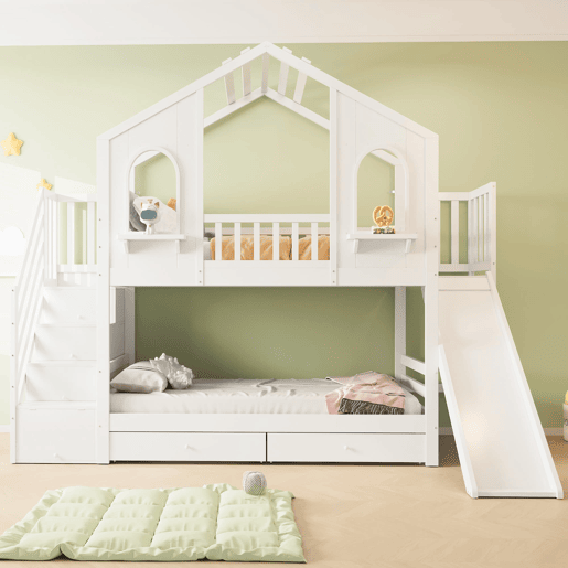 Beliche infantil 90 x 200 cm - Casa com janelas curvas, escada de arrumação e escorrega, branco Beliche infantil 90 x 200 cm - Casa com janelas curvas, escada de arrumação e escorrega, branco