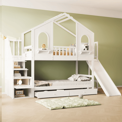 Beliche infantil 90 x 200 cm - Casa com janelas curvas, escada de arrumação e escorrega, branco Beliche infantil 90 x 200 cm - Casa com janelas curvas, escada de arrumação e escorrega, branco