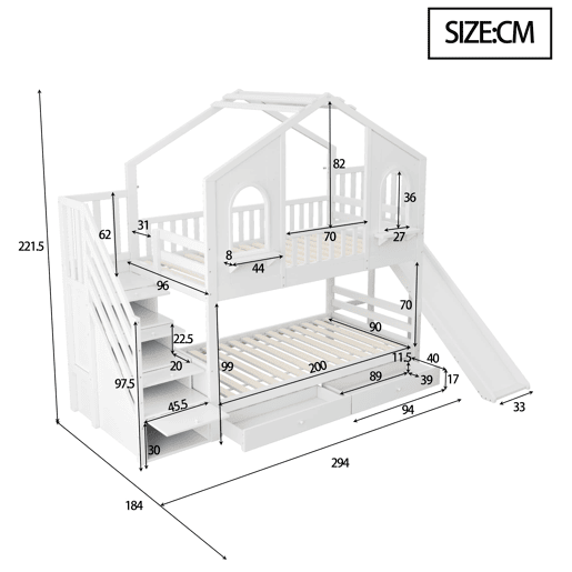 Beliche infantil 90 x 200 cm - Casa com janelas curvas, escada de arrumação e escorrega, branco Beliche infantil 90 x 200 cm - Casa com janelas curvas, escada de arrumação e escorrega, branco