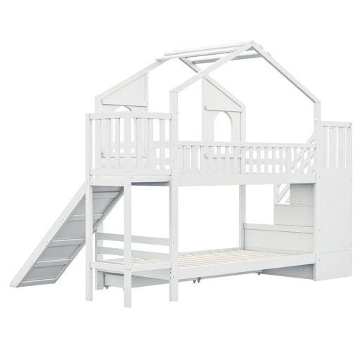 Beliche infantil 90 x 200 cm - Casa com janelas curvas, escada de arrumação e escorrega, branco Beliche infantil 90 x 200 cm - Casa com janelas curvas, escada de arrumação e escorrega, branco