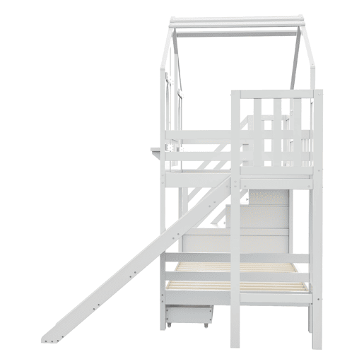 Beliche infantil 90 x 200 cm - Casa com janelas curvas, escada de arrumação e escorrega, branco Beliche infantil 90 x 200 cm - Casa com janelas curvas, escada de arrumação e escorrega, branco