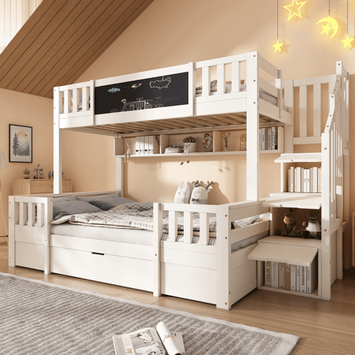Beliche triplo 90x200 e 140x200 - Madeira maciça, ardósia, escada com arrumação, 2 gavetas - Branco