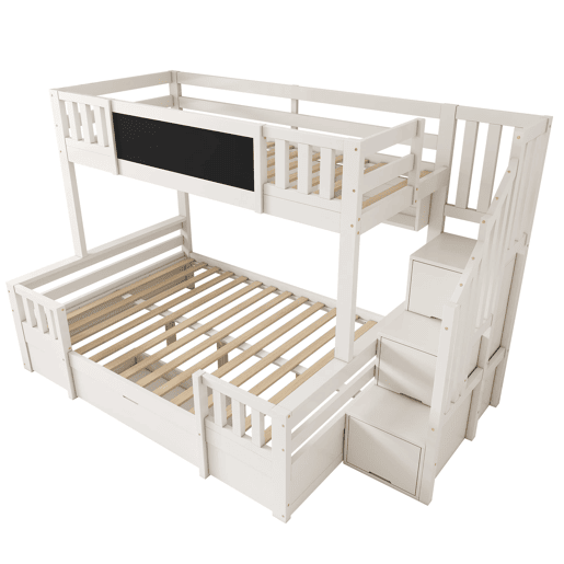Beliche triplo 90x200 e 140x200 - Madeira maciça, ardósia, escada com arrumação, 2 gavetas - Branco