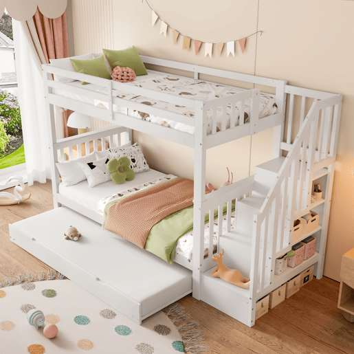 Litera 90x200 cm - com estante em escada, cama extraível, grades altas, certificação EN747-1 - branco