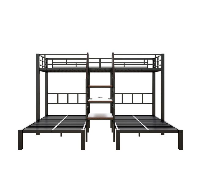 Litera 140x200 + 90x200 cm - 3 camas, led, escritorio, almacenamiento, usb y enchufe - negro
