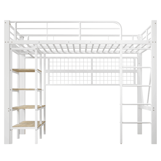 Cama alta 90x200 cm - Estrutura metálica, prateleira, rede para pendurar, barra para roupa, espaço livre, LED - Branco