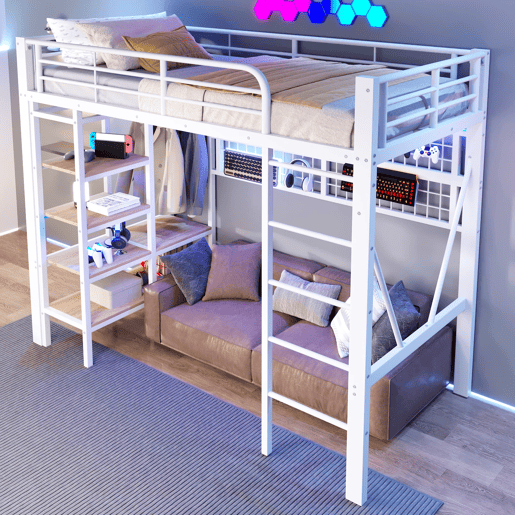 Cama alta 90x200 cm - Estrutura metálica, prateleira, rede para pendurar, barra para roupa, espaço livre, LED - Branco