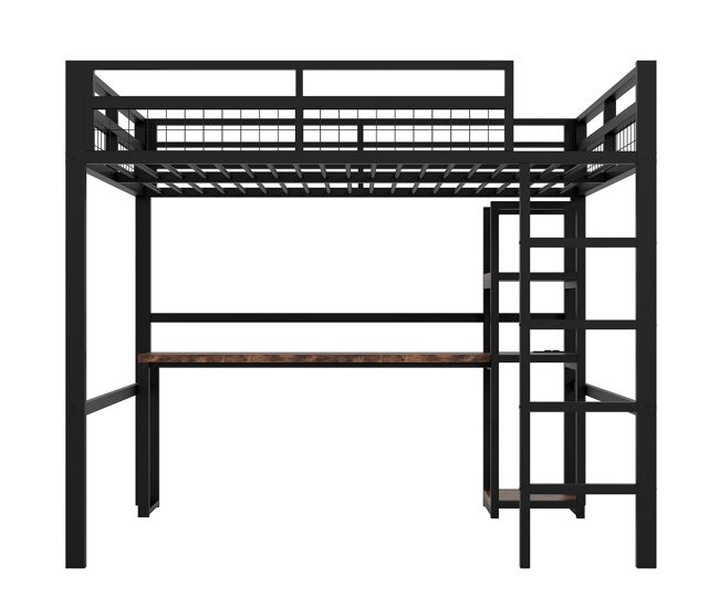Cama alta 140x200cm - estructura metálica, estantes, escritorio con enchufe y usb tipo c, barandilla, escalera, sin colchón - negro