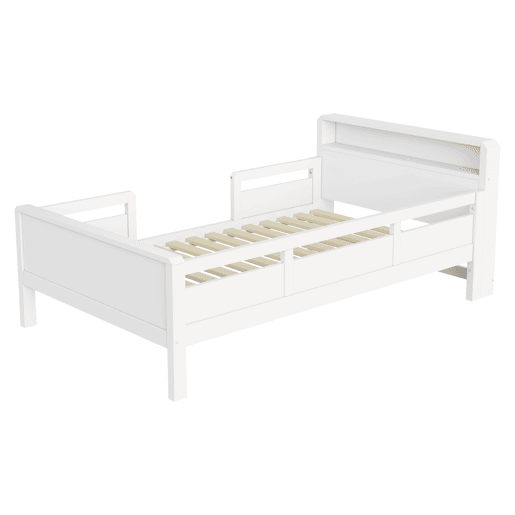 Cama de madeira 90 x 200 cm - porta USB e Tipo-C, luz LED pequena, cabeceira com prateleiras, cama individual multifuncional - pinho branco