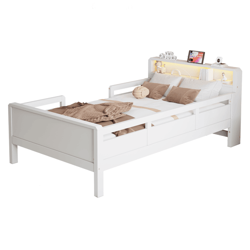 Cama de madeira 90 x 200 cm - porta USB e Tipo-C, luz LED pequena, cabeceira com prateleiras, cama individual multifuncional - pinho branco