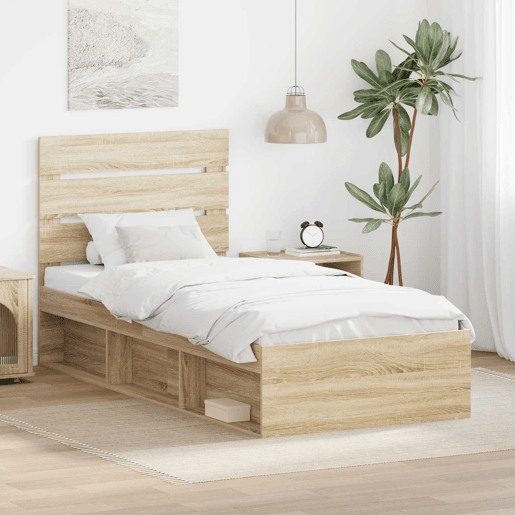 Estrutura de cama de solteiro moderno com cabeceira - Carvalho Sonoma 75 x 190 cm