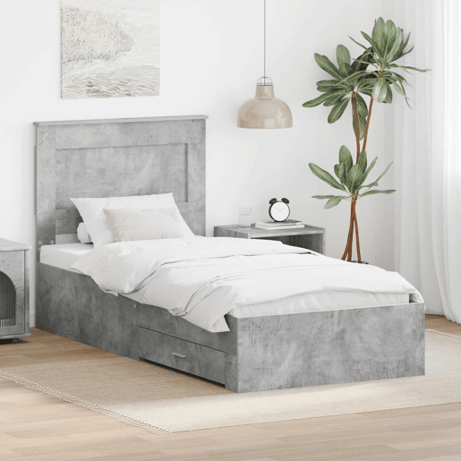 Estrutura de cama de solteiro para adultos com gaveta Cinza Concreto e Prata 75 x 190 cm