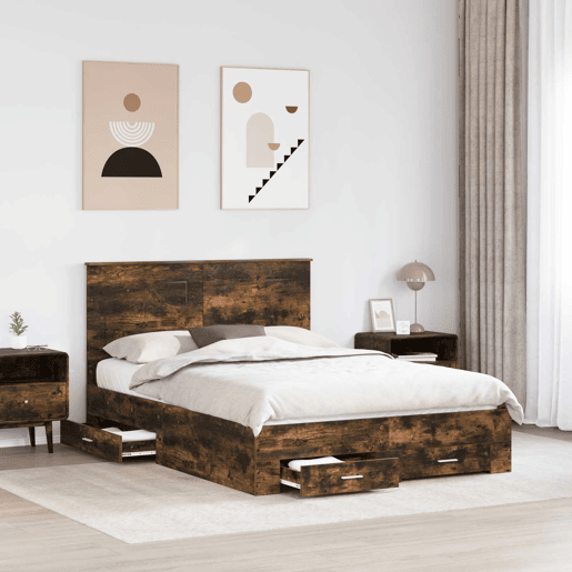 Estrutura de cama de casal com cabeceira - Carvalho Defumado 140 x 190 cm