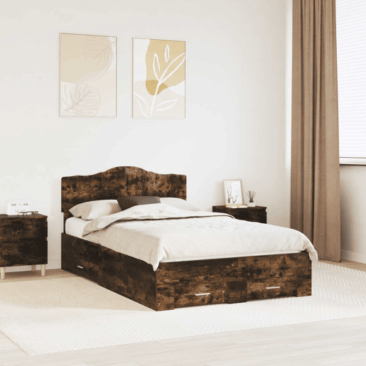 Estrutura de cama de casal com cabeceira - Carvalho Defumado 135 x 190 cm