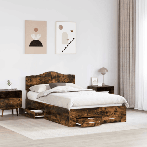Estrutura de cama de casal com cabeceira - Carvalho Defumado 135 x 190 cm