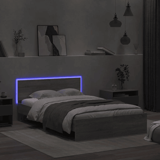 Estrutura de cama de casal c cabeceiraluzes LED - 140x200cm cinzento sonoma