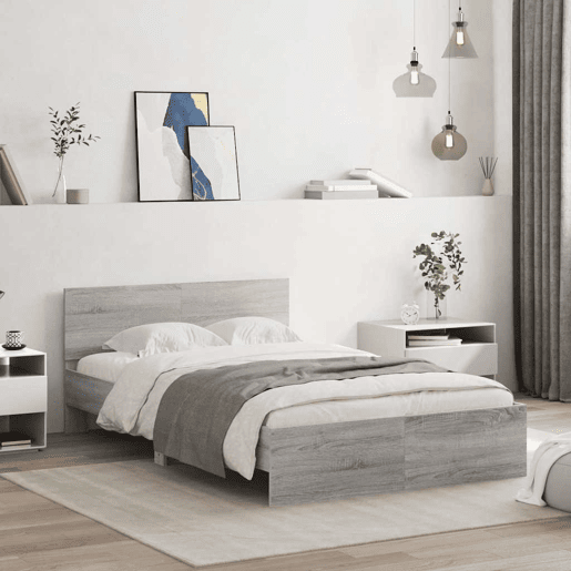 Estrutura de cama de casal c cabeceiraluzes LED - 140x200cm cinzento sonoma