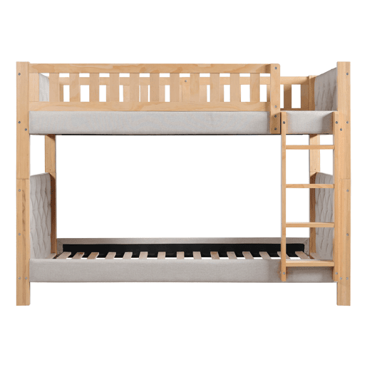 Cama alta infantil 90x200 - Escada reta de 4 degraus, bordas acolchoadas, madeira resistente - Cinza+Natural