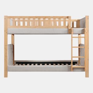 Cama alta infantil 90x200 - Escada reta de 4 degraus, bordas acolchoadas, madeira resistente - Cinza+Natural