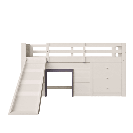 Cama alta baixa 90x200 - com rampa, 3 gavetas e 2 portas - creme