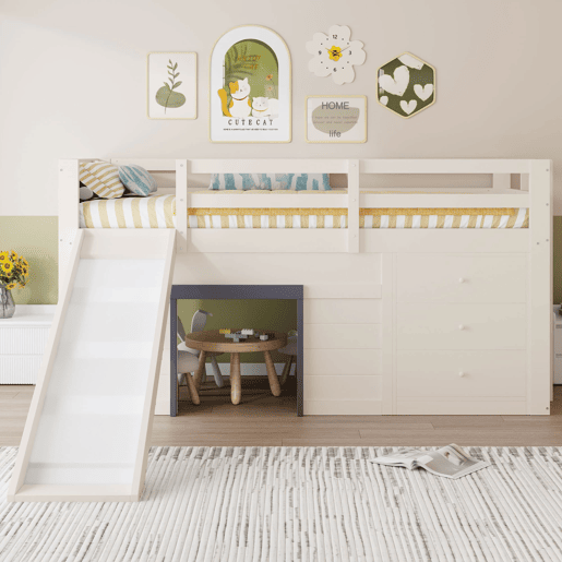 Cama alta baixa 90x200 - com rampa, 3 gavetas e 2 portas - creme