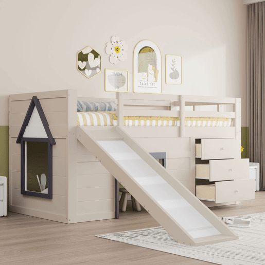 Cama alta baixa 90x200 - com rampa, 3 gavetas e 2 portas - creme