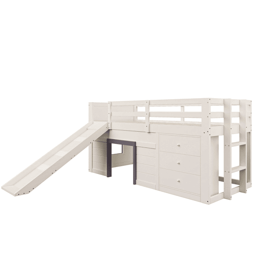 Cama alta baixa 90x200 - com rampa, 3 gavetas e 2 portas - creme