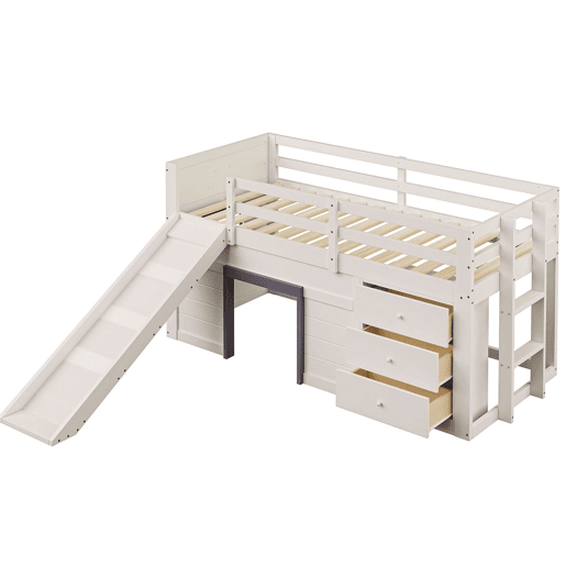 Cama alta baixa 90x200 - com rampa, 3 gavetas e 2 portas - creme