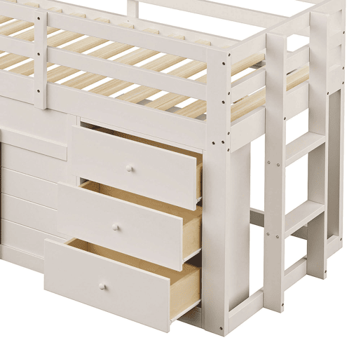 Cama alta baixa 90x200 - com rampa, 3 gavetas e 2 portas - creme