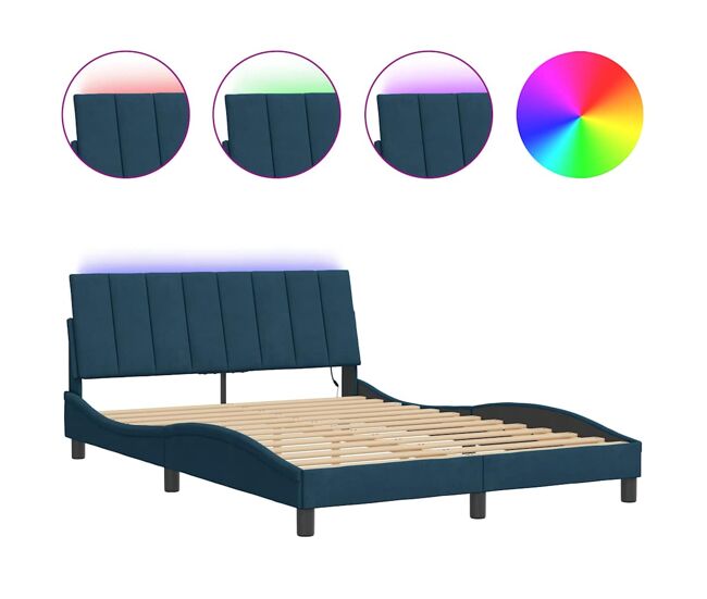 Estructura de cama doble matrimonial con led - terciopelo azul 140x190 cm