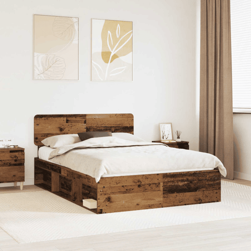 Estrutura de cama de casal com cabeceira - Madeira antiga 140 x 190 cm