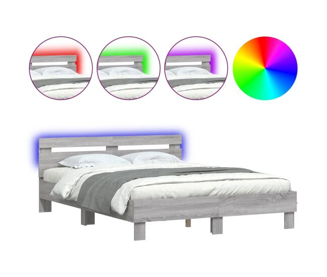 Estructura de cama matrimonial moderno con cabecero y luces led gris sonoma 140x200 cm