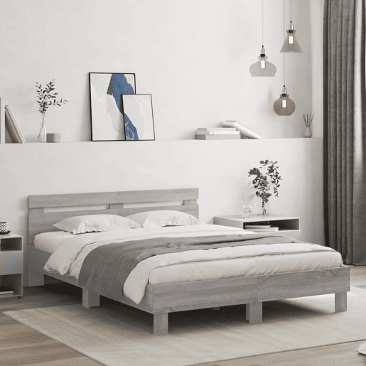 Estrutura de cama de casal c cabeceiraluzes LED - 140x200cm cinzento sonoma