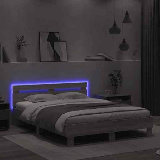 Estrutura de cama de casal c cabeceiraluzes LED - 140x200cm cinzento sonoma