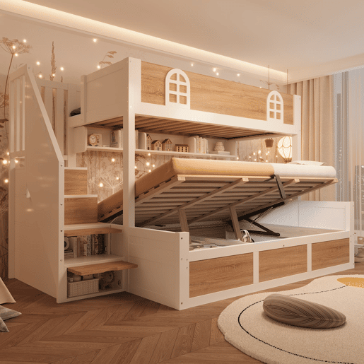 Beliche infantil 90x200140x200 - com arrumação, escada e proteção - NaturalBranco Beliche infantil 90x200140x200 - com arrumação, escada e proteção - NaturalBranco